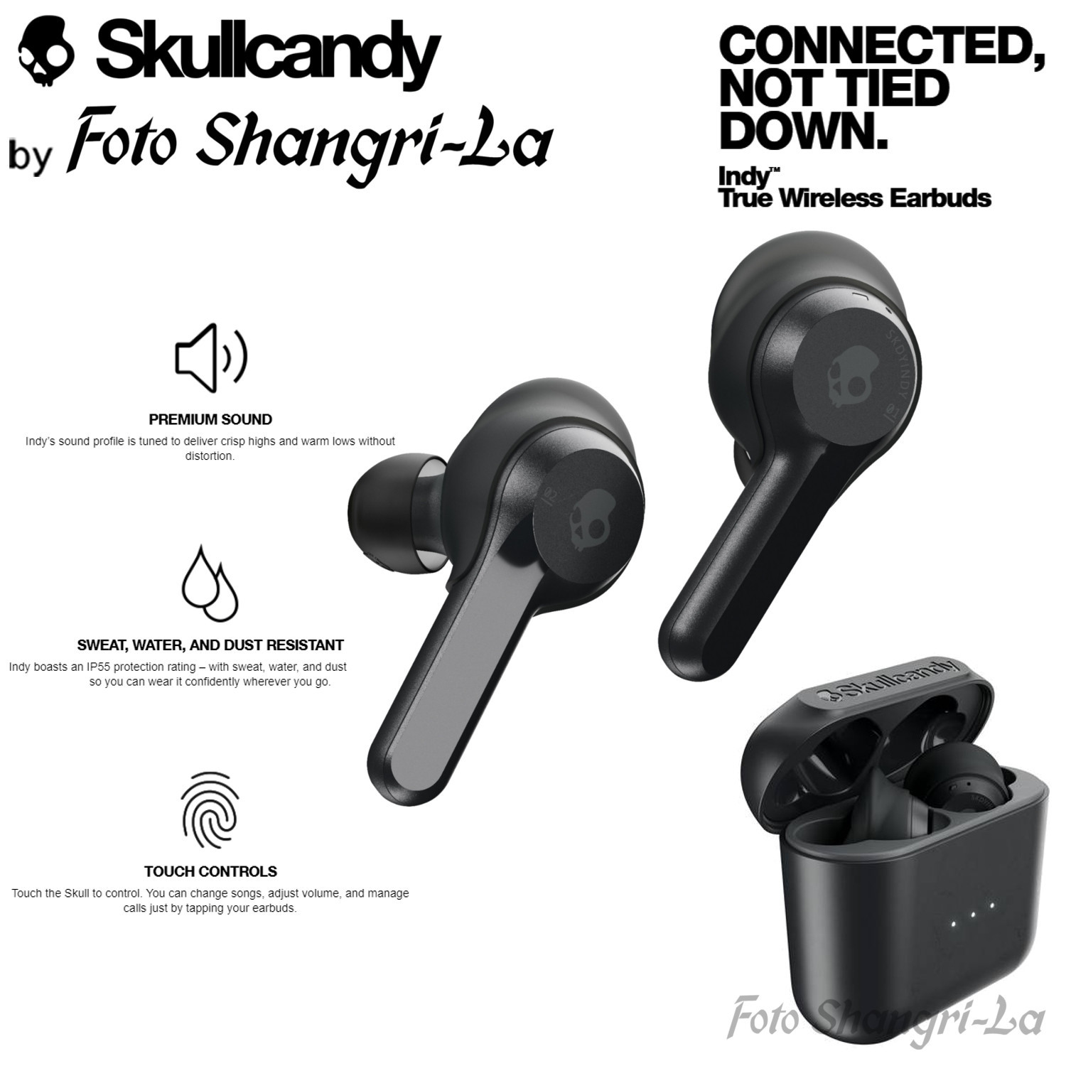 Skullcandy Indy Truly Wireless Bluetooth In-Ear Earphones Headphones + Charging Case & IPX4 Splash Rain Resistant - Black