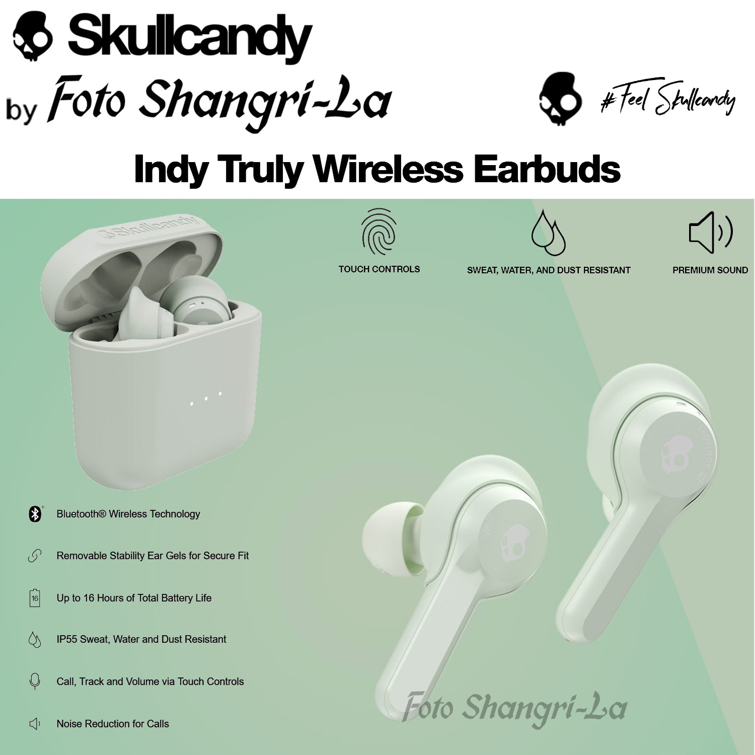 ec5fef5357a7a1258e4108f4bcc5cb75.jpeg Skullcandy Indy Truly Wireless Bluetooth In-Ear Earphones Headphones + Charging Case & IPX4 Splash Rain Resistant - Mint