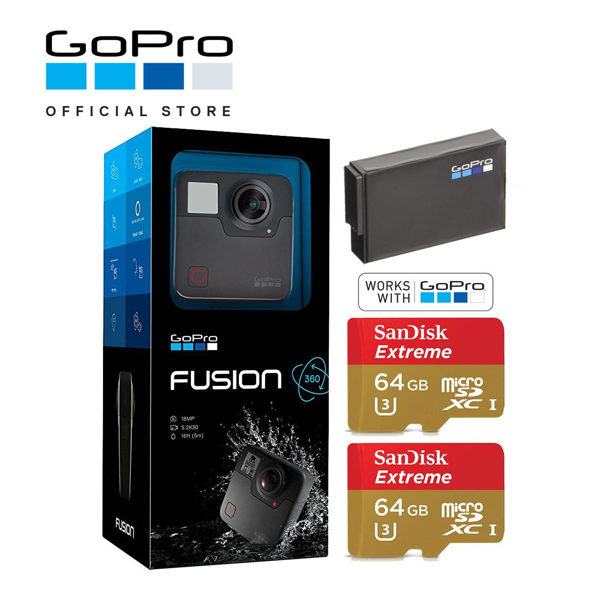 85d11e01540c977abce7d46f4f5f7be3.jpeg GOPRO FUSION 360 EXPERIENCE SPHERICAL VIDEO WITH 1 EXTRA BATTERY + 2 X 64GB CARD - ORIGINAL PRODUCTS - 1 YEAR WARRANTY