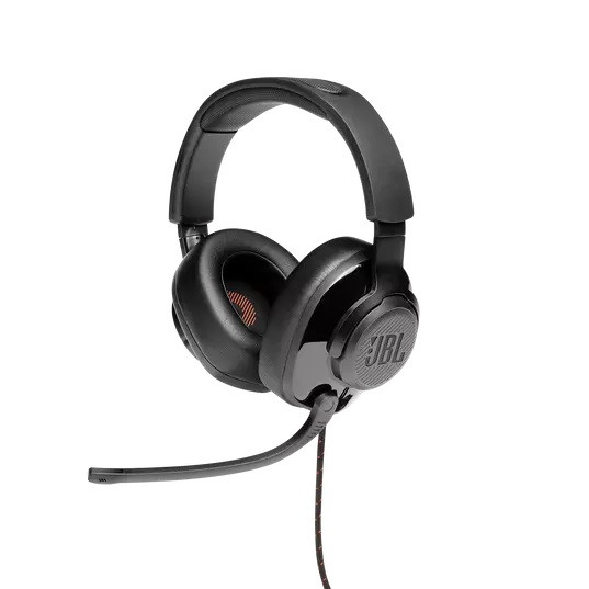 JBL Quantum 300 Hybrid wired over-ear PC gaming headset with flip-up mic 3.5mm jack to USB converter