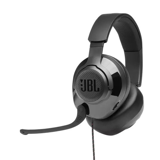 JBL Quantum 300 Hybrid wired over-ear PC gaming headset with flip-up mic 3.5mm jack to USB converter