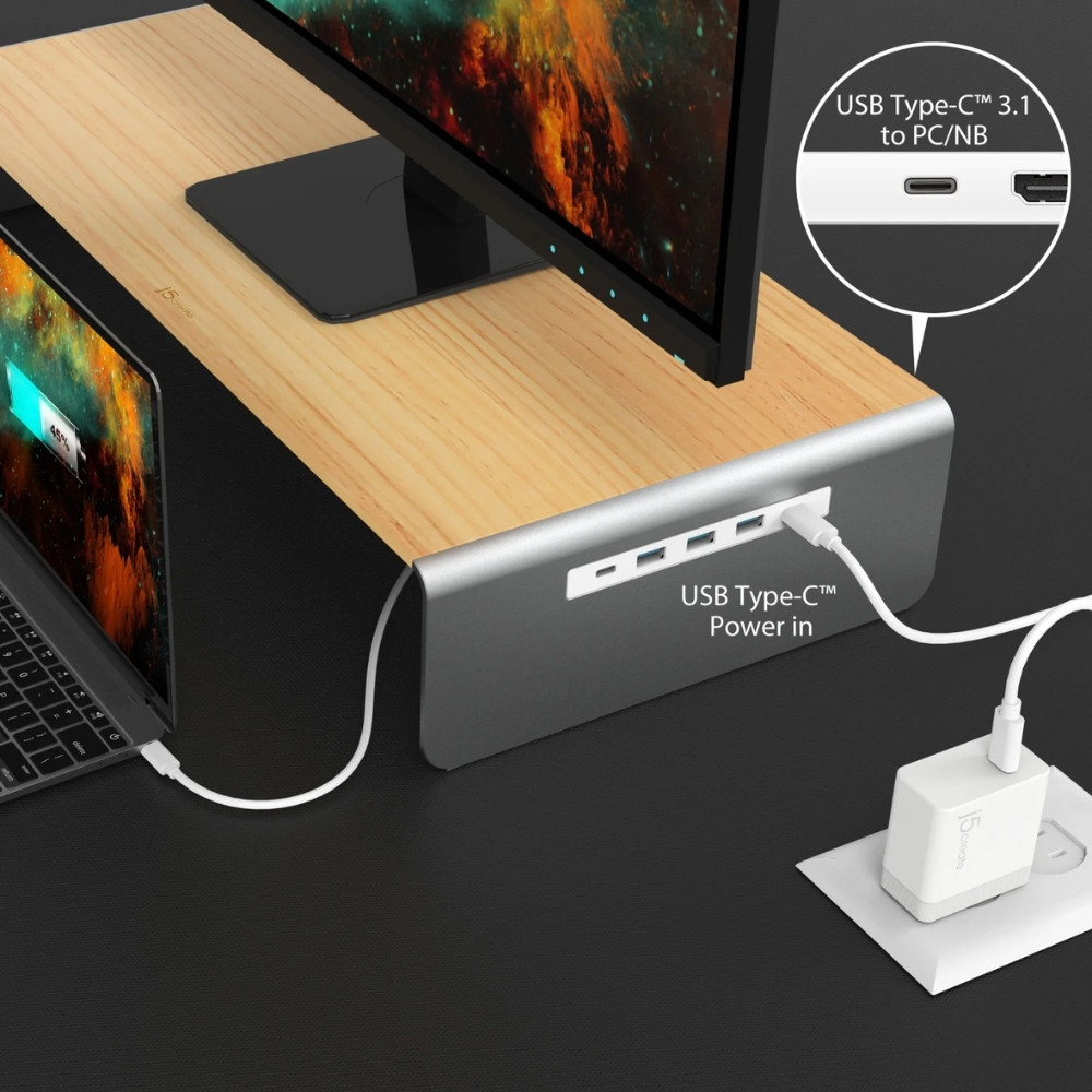 c73a407e161a4f0bd136e24463301a70.jpeg J5create JCT425 Wood Monitor Stand with Docking Station USB-C™, 4K HDMI™