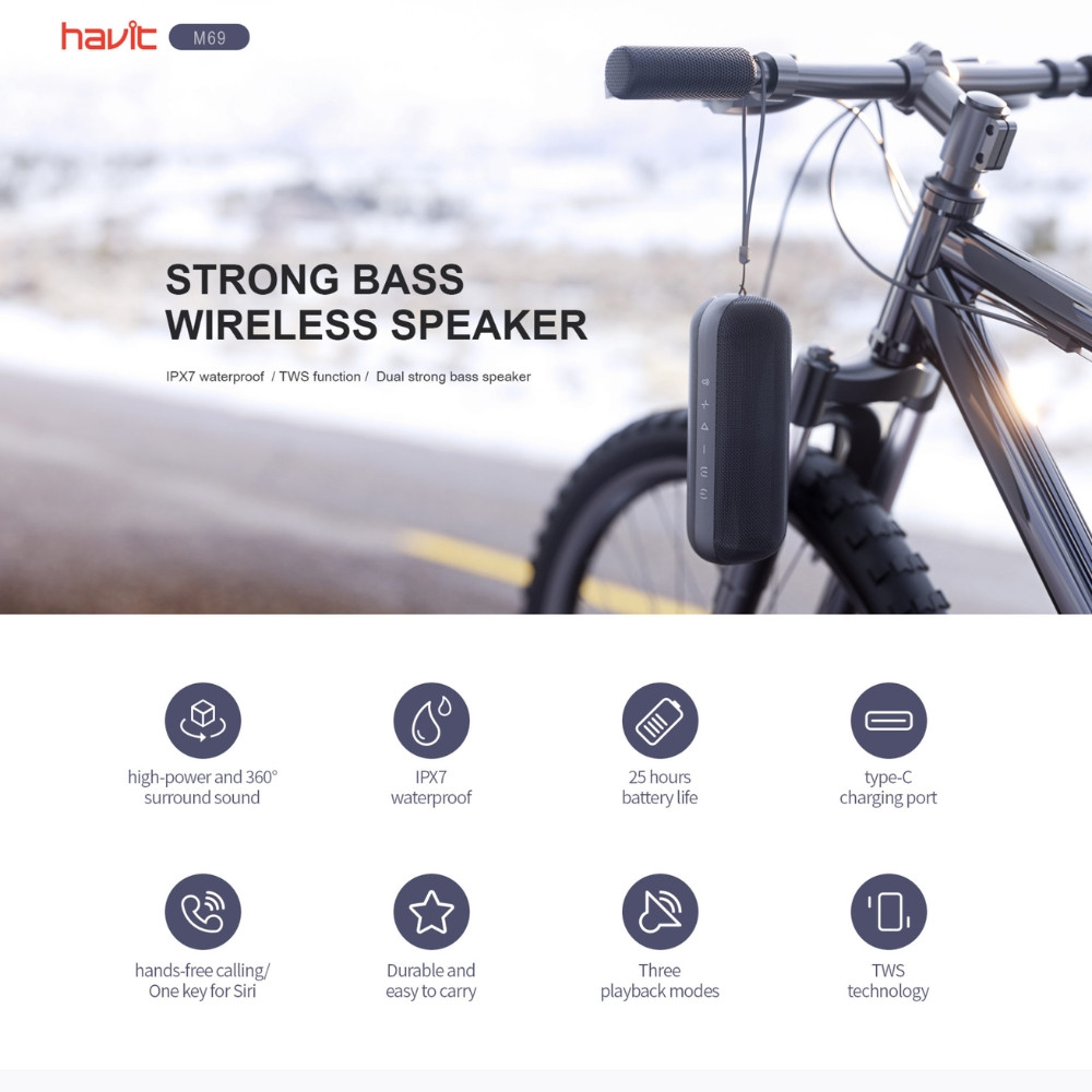 684c1def835a12a1fc4e3552486b32b4.jpeg HAVIT M69 Strong Bass Wireless Speaker | 360° HD Surround Sound | IPX7 Waterproof | 25H Playing Time