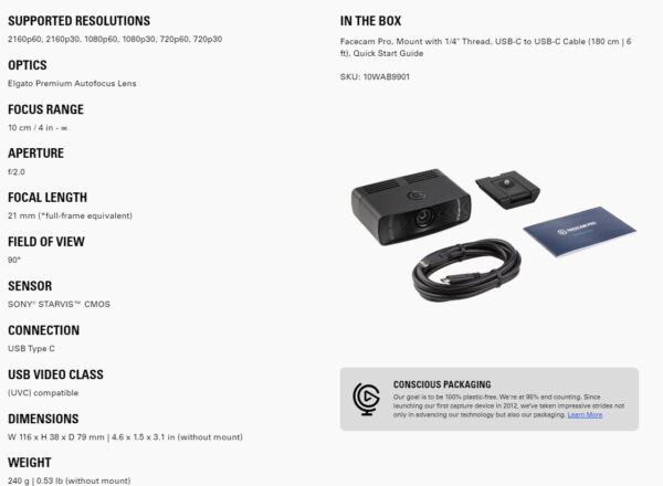 [PRE-ORDER 30 Days] Elgato FACECAM PRO | The world's first 4K60 webcam | 21 mm* focal length | f/2.0 | Anti-reflective