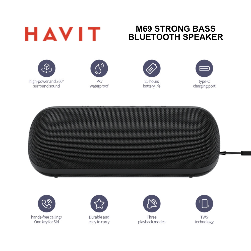 9ae37da14564114b2452344ff1e92ce0.jpeg HAVIT M69 Strong Bass Wireless Speaker | 360° HD Surround Sound | IPX7 Waterproof | 25H Playing Time