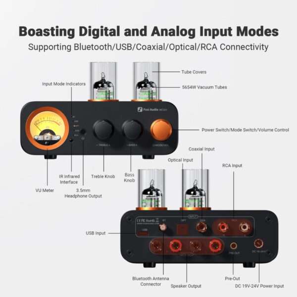[PRE-ORDER 7 Days]Fosi Audio MC331 Tube Integrated Bluetooth Amplifier with DAC and VU Meter