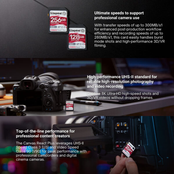 [PRE-ORDER 14 DAYS] Kingston Canvas React Plus SD memory card | 128GB/256GB | for 8K/3D/VR professional UHS-II cinema cameras