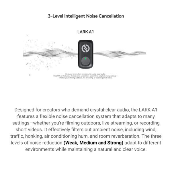 Hollyland Lark A1 wireless microphone | High-Resolution Audio | 3-Level Intelligent Noise Cancellation | Custom EQ & Reverb Settings