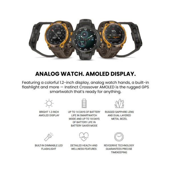 Garmin Instinct Crossover AMOLED rugged hybrid GPS smartwatch | AMOLED | 14 Days Battery | Health Monitoring