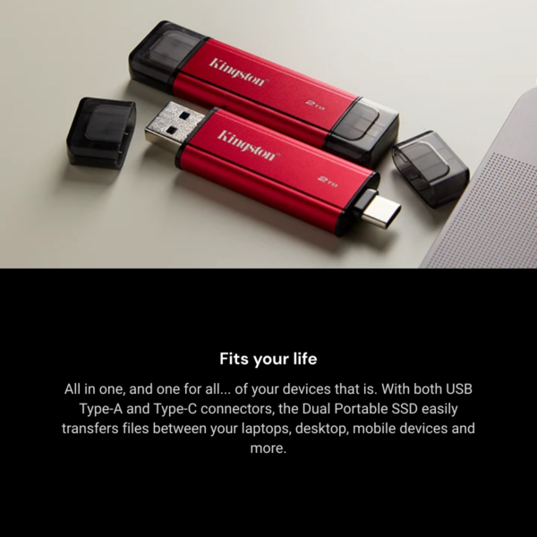 7abedf04457771b553d3ed4db0e2c504.png Kingston Dual Portable Solid-State Drive SSD | USB Type-A and Type-C | speeds of up to 1,050MB/s