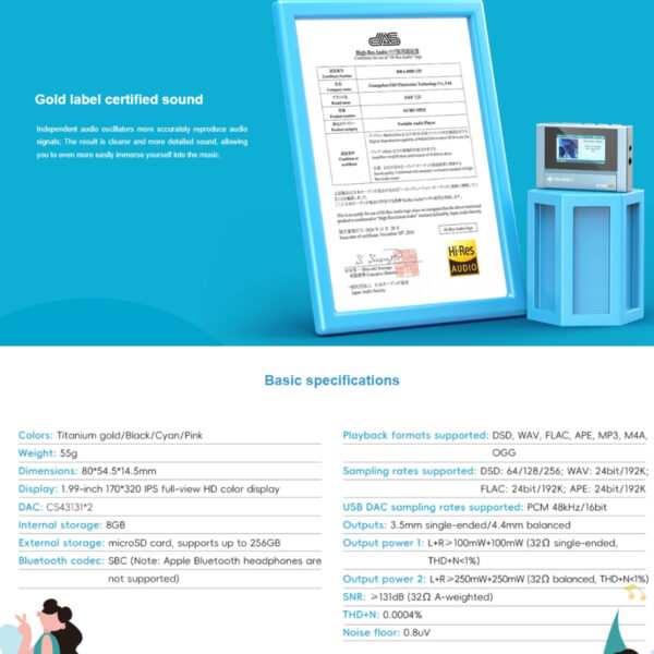 [PRE-ORDER 30 Days] FiiO Snow Sky Echo Mini HiRes Lossless Bluetooth MP3 Music Player 15 Hours Playback, 3.5mm/4.4mm Headphone Outputs