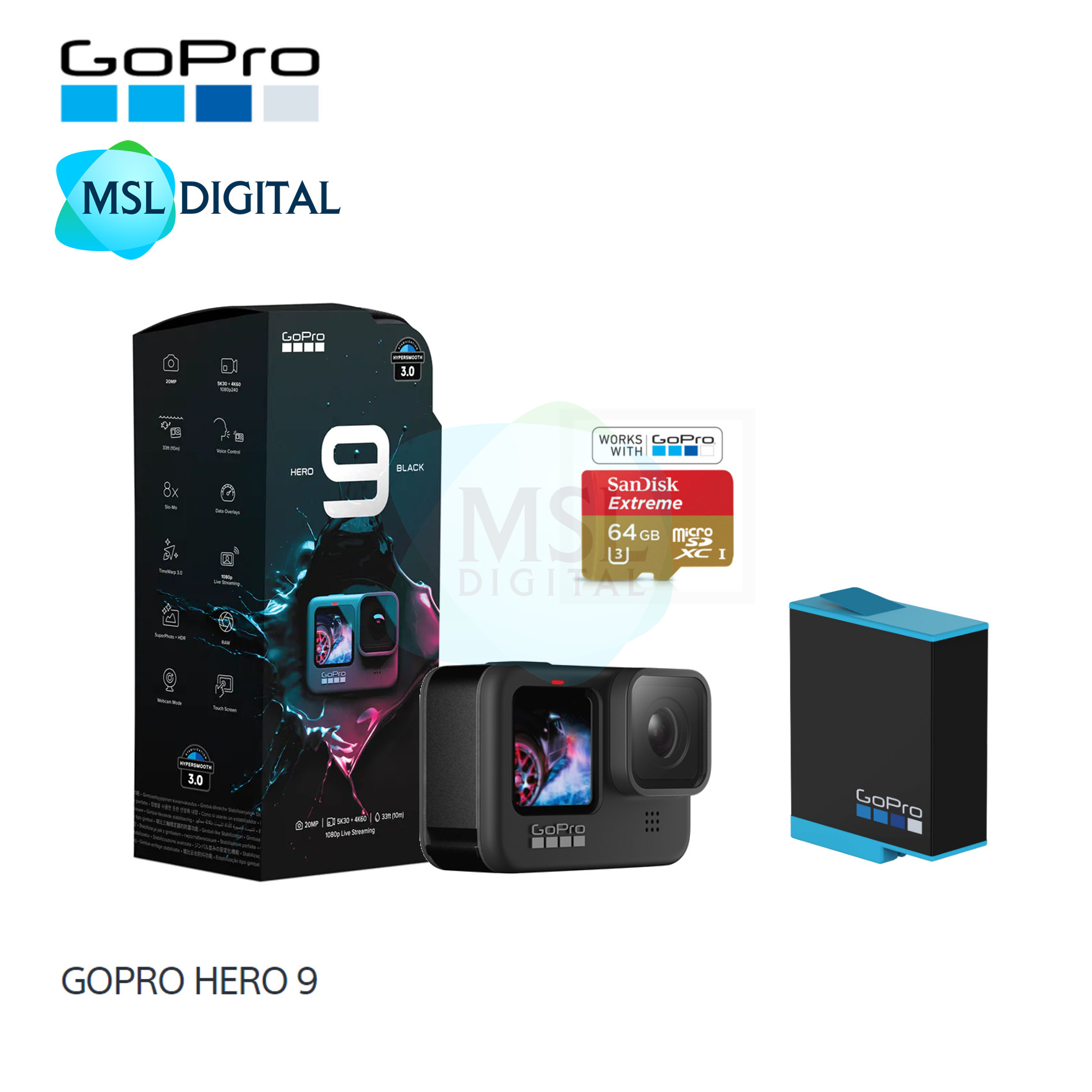 GOPRO HERO9 / HERO 9 BLACK + 1 EXTRA ADBAT-001 BATTERY + 64GB CARD