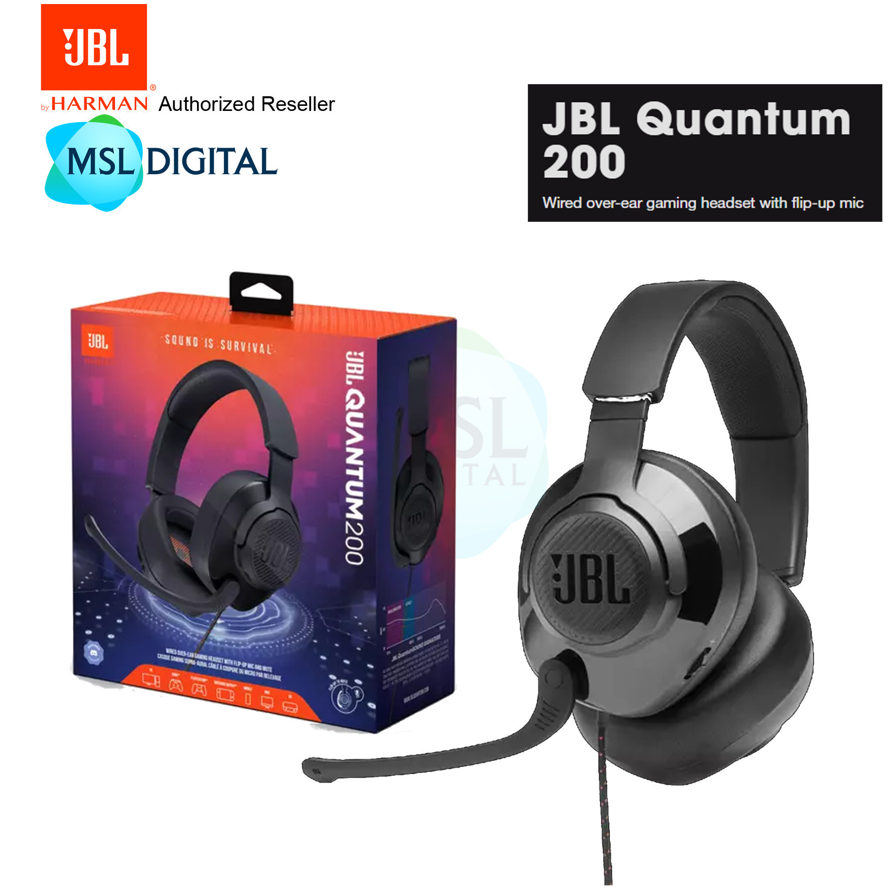 JBL Quantum 200 Wired overear gaming headset with flipup mic