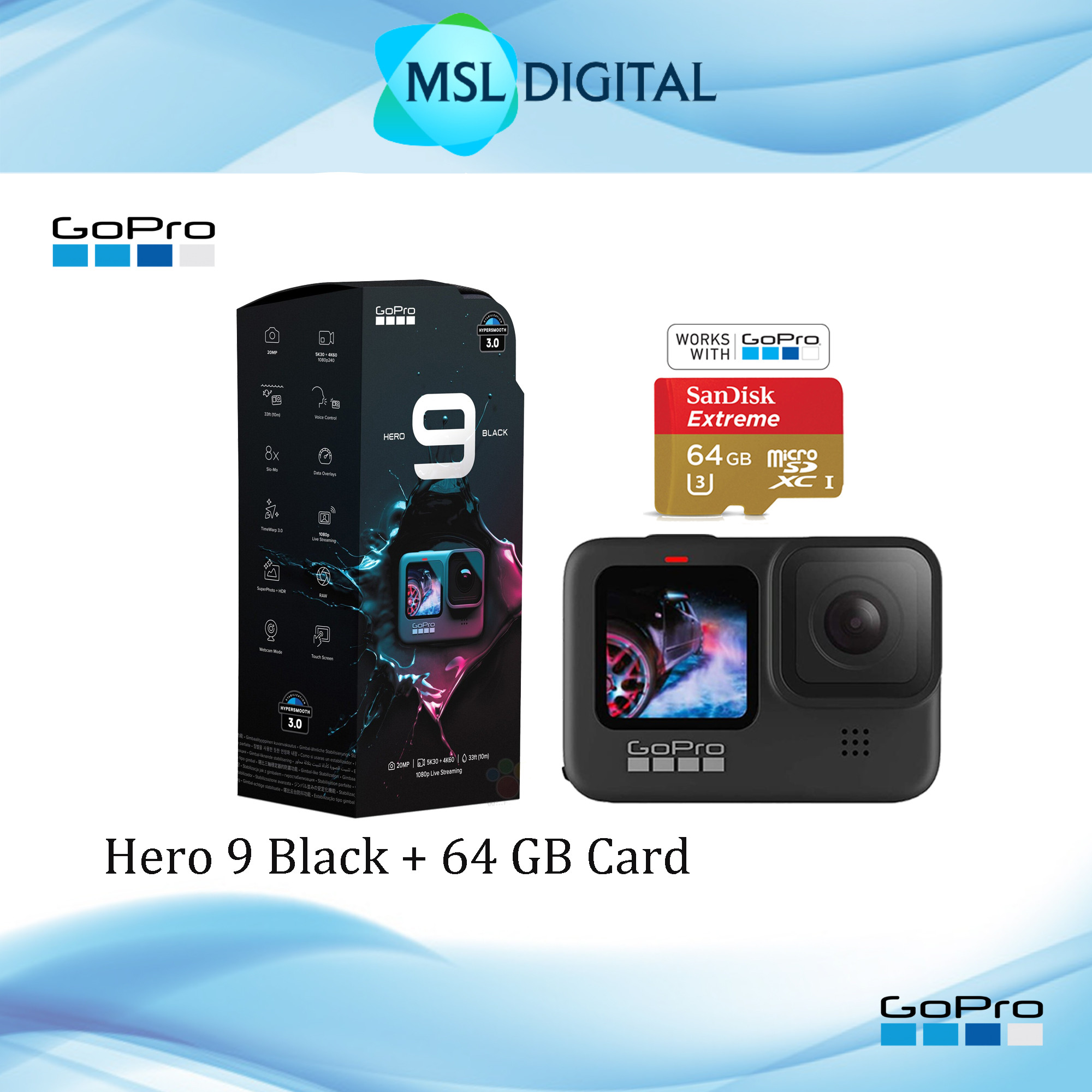 GOPRO HERO9 / HERO 9 BLACK + 64GB CARD, 20MP, 5K30 + 4K60, HYPERSMOOTH