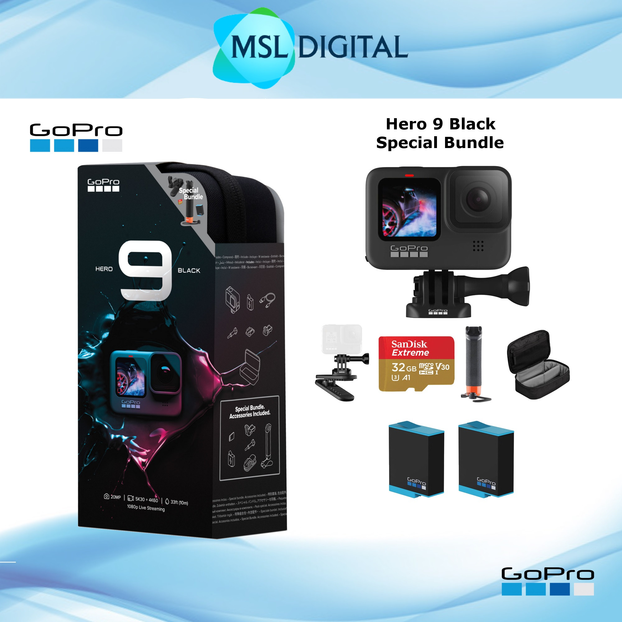 GoPro HERO9 / HERO 9 Black Action Camera Special Bundle [Included Battery x  2 , Magnetic Swivel Clip , Handler Floating Grip , Case , 32GB Card] - MSL 