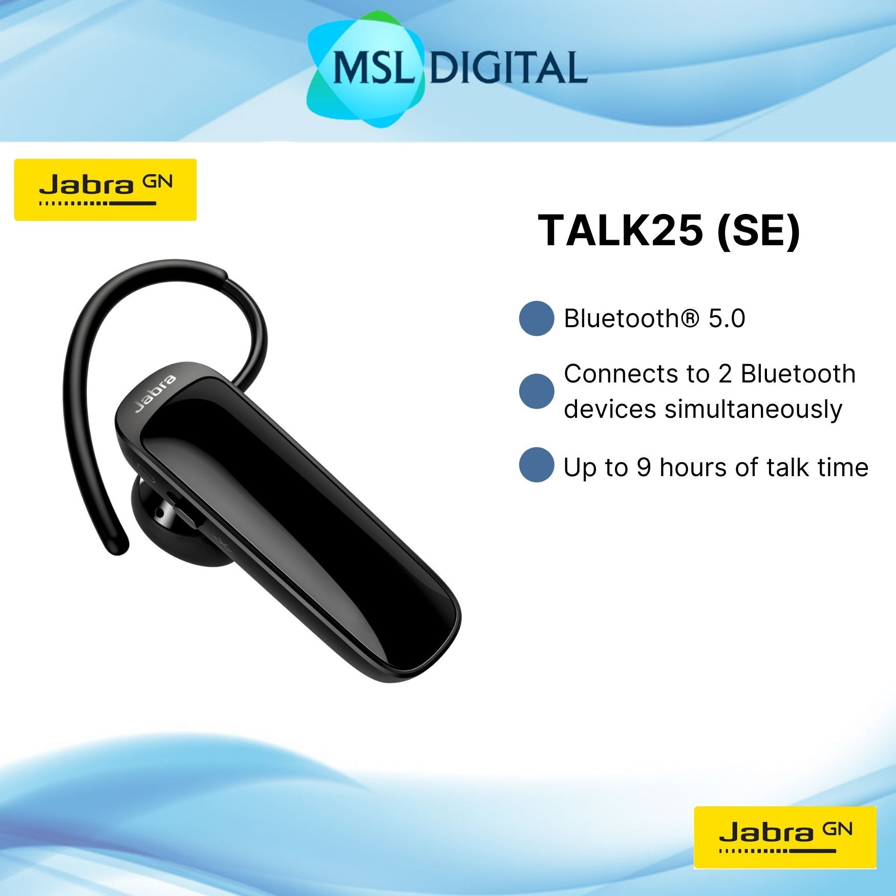 Jabra Talk 25 SE Wireless Mono Bluetooth Headset with omni-directional  microphone notifications Stream GPS  media MSL Digital Online Store
