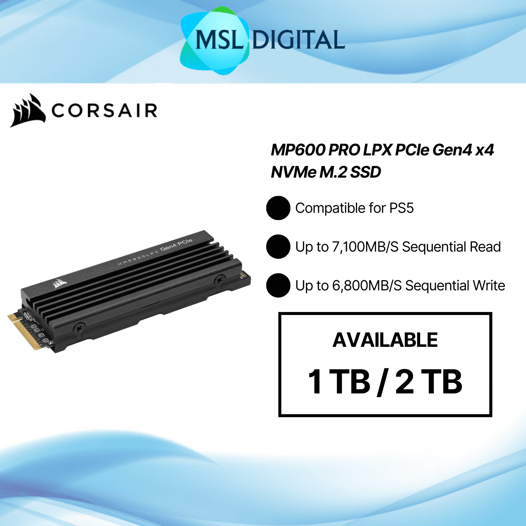 CORSAIR MP600 PRO LPX 1TB Internal SSD PCIe Gen 4 x4 NVMe with