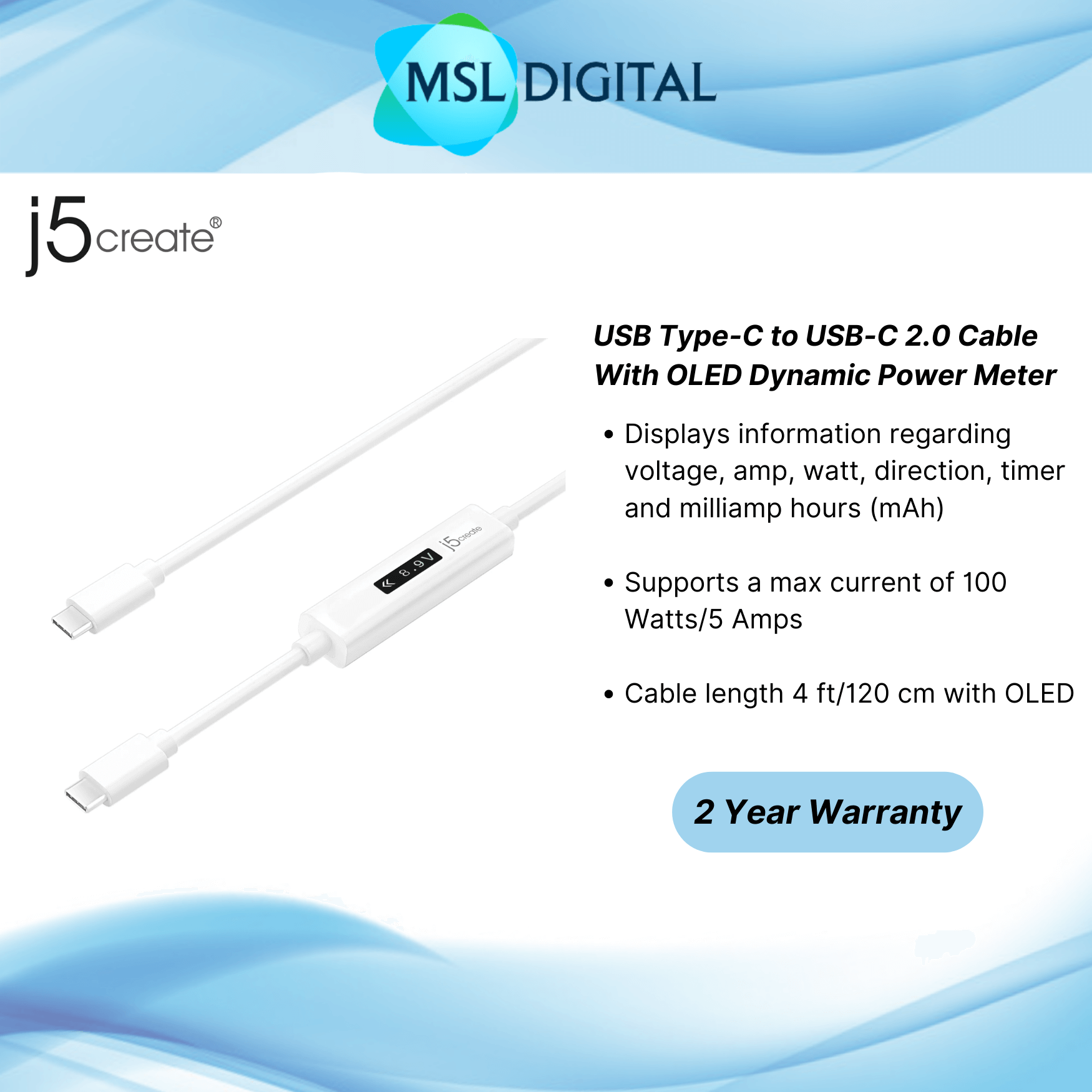 J5create USB-C to USB-C 2.0 cable with OLED dynamic power meter ...