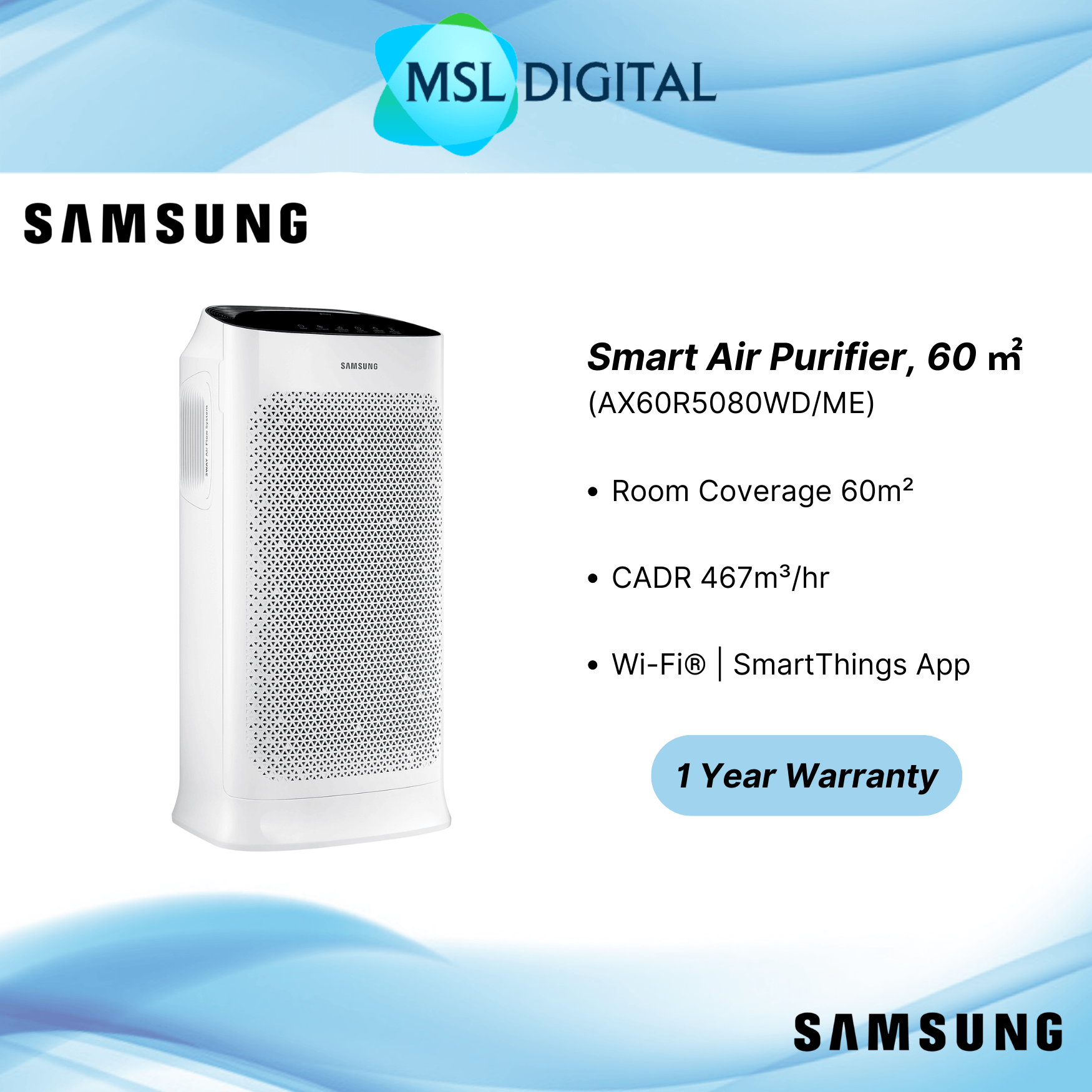 Samsung Smart Air Purifier 60 ㎡ Built in WiFi 3 Way Air Flow