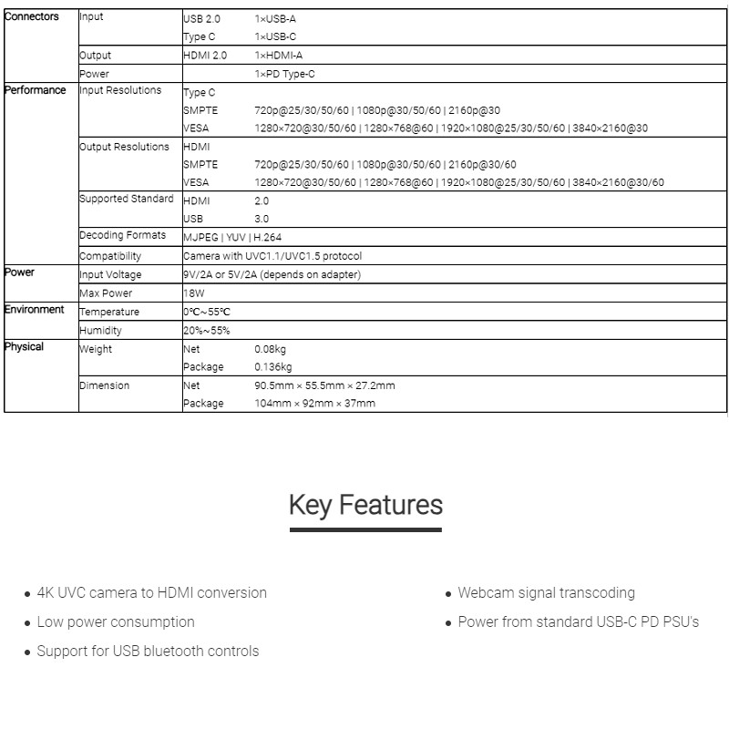 RGBlink TAO 1tiny UVCHDMI Capture Converter 4K UVC camera to HDMI conversion USB bluetooth